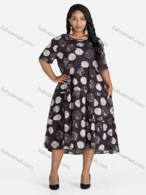 Wholesale Women's Casual Round Neck Polka Dots Print Dual Pockets Midi Dress, LIUHUA CLOTHING WHOLESALE