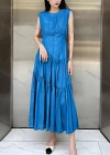 Wholesale Women's Casual Plain Round Neck Ruched Splicing Ruffle Hem Tank Midi Dress - Liuhuamall