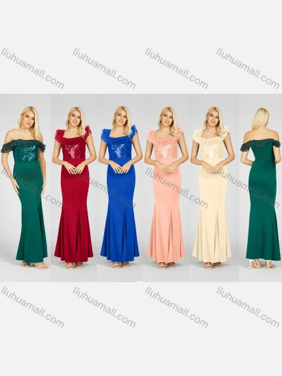 Wholesale Women's Glamorous Off Shoulder Plain Sequin Pleated Split Front Lace Trim Maxi Mermaid Evening Dress 7017#