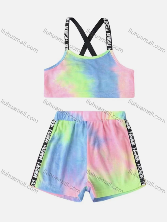 Wholesale Girl's Casual Tie Dye Straps Crisscross Cami Top & Shorts 2 Piece Set