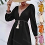 Wholesale Women's Casual Plain Lace Trim V Neck Tie Front Long Sleeve Short Dress preview