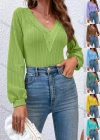 Wholesale Women's Casual Plain V Neck Lace Trim Long Sleeve Blouse - Liuhuamall