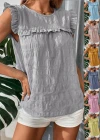 Wholesale Women's Casual Plain Round Neck Ruffle Trim Blouse - Liuhuamall