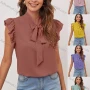 Wholesale Women's Casual Plain Tie Neck Ruffle Sleeve Blouse preview