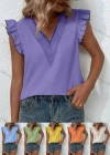 Wholesale Women's Casual Plain V Neck Lace Trim Ruffle Sleeve Blouse - Liuhuamall