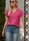 Wholesale Women's Casual Plain V Neck Lace Trim Short Sleeve Blouse - Liuhuamall