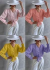 Wholesale Women's Casual Plain V Neck Button Down Long Sleeve Tie Front Blouse - Liuhuamall