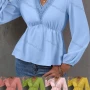 Wholesale Women's Casual Plain V Neck Lace Trim Long Sleeve Blouse preview