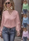 Wholesale Women's Casual Plain Lace Trim V Neck Guipure Lace Long Sleeve Blouse - Liuhuamall