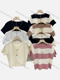 Wholesale Women's Casual Striped Crew Neck Short Sleeve Ribbed Knit Woolen Top, LIUHUA CLOTHING WHOLESALE