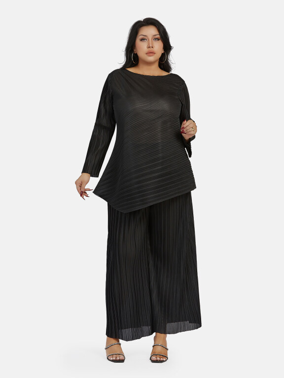 Women's Casual Plain Ruched Plus Size Asymmetrical Hem Blouse 2-piece Set, Clothing Wholesale Market -LIUHUA, WOMEN, Sets