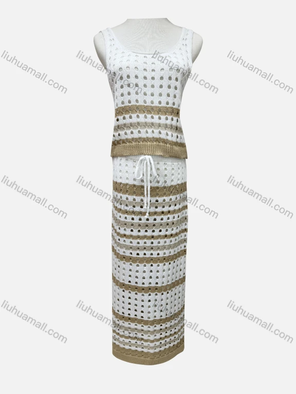 Wholesale Women's Elegant Striped Scoop Neck Hollow Out Tank Top & Drawstring Maxi Skirts 2 Piece Set 3037#