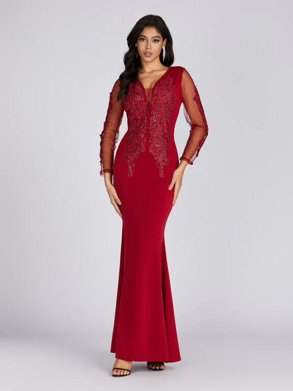 Women's Elegant Deep V Neck Sequin Applique Mermaid Evening Dress 5019#, Clothing Wholesale Market -LIUHUA, Women