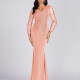 Women's Elegant Deep V Neck Sequin Applique Mermaid Evening Dress 5019# Apricot Clothing Wholesale Market -LIUHUA