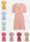 Wholesale Women's Casual Plain V Neck Button Front Knee Length Ruched A-Line Dress - Liuhuamall