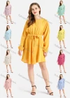 Wholesale Women's Casual Round Neck Long Sleeve Belted Short Pleated Dress - Liuhuamall