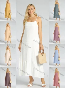 Wholesale Women's Plain Spaghetti Strap Plain Swiss Dot Cami Ruffle Hem Maxi Dress, LIUHUA CLOTHING WHOLESALE