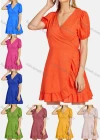 Wholesale Women's Wrap V-neck Puff Sleeve Wrap Ruffle Hem Plain Short Dress - Liuhuamall