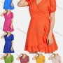 Wholesale Women's Wrap V-neck Puff Sleeve Wrap Ruffle Hem Plain Short Dress preview