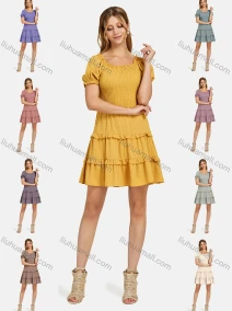 Wholesale Women's Square Neck Flounce Sleeve Shirred Swiss Dot Layered Dress, LIUHUA CLOTHING WHOLESALE
