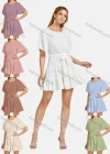 Wholesale Women's Round Neck Short Sleeve Swiss Dot Embroidered Ruffle Hem Plain Dress - Liuhuamall