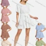 Wholesale Women's Round Neck Short Sleeve Swiss Dot Embroidered Ruffle Hem Plain Dress preview