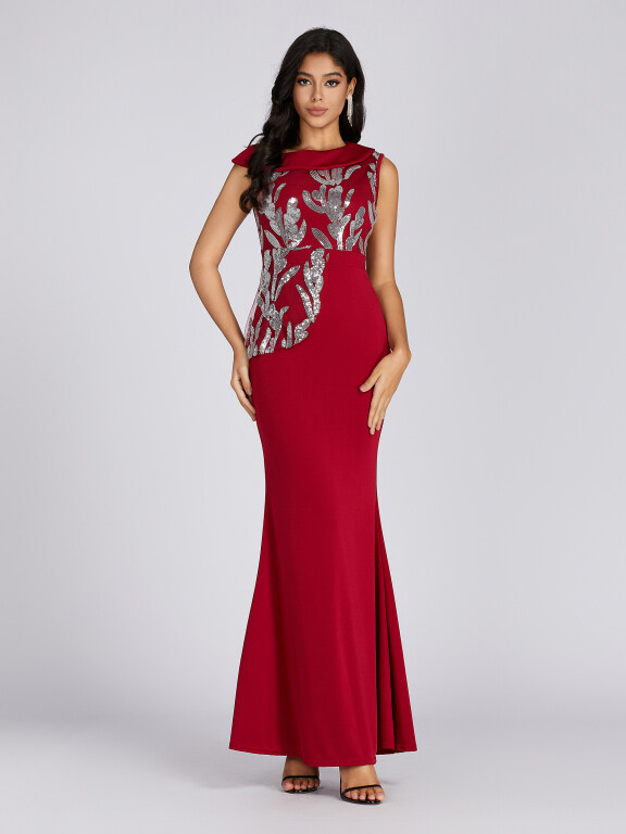 Women's Elegant Asymmetrical Neck Sequin Applique Mermaid Evening Dress 5061#, Clothing Wholesale Market -LIUHUA, 
