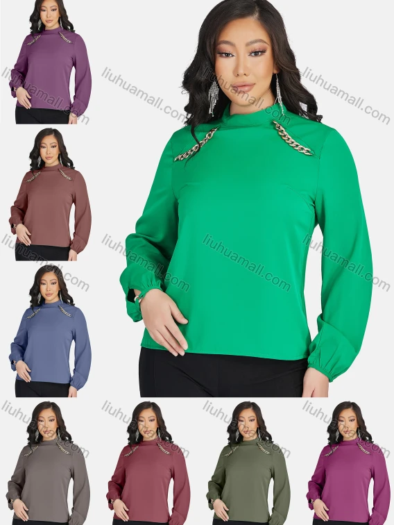 Wholesale Women's Casual Stand Collar Long Sleeve Plain Blouse, Guangzhou Clothing Wholesale Market & Suppliers - LIUHUAMALL, Women