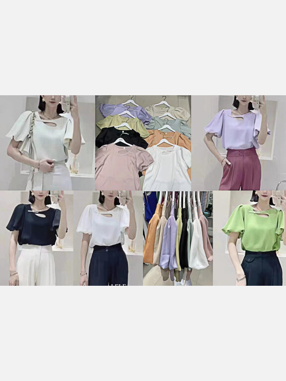 Women's Casual Lantern Sleeve Cutout Plain Blouse, Clothing Wholesale Market -LIUHUA, blouses