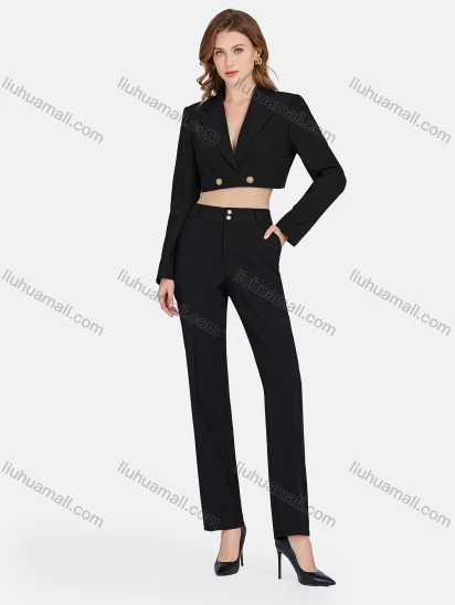 Wholesale Women's Plain Buttons Lapel Deep V Neck Long Sleeve Crop Suit Blazer & High Waist Straight Leg Suit Pants 2 Piece Set