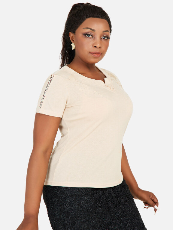 Women's Plus Size Notch Neck Short Sleeve Plain Embroidery Blouse, Clothing Wholesale Market -LIUHUA, WOMEN, Blouses-Shirts