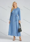 Wholesale Women's Casual Long Sleeve Button Front Plain A-Line Maxi Dress With Belt - Liuhuamall