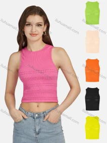 Wholesale Women's Casual Plain Sleeveless Round Neck Ribbed Ripped Crop Tank Top E138#, LIUHUA CLOTHING WHOLESALE