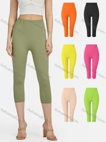 Wholesale Women's Casual Plain Skinny Fit High Waist Ribbed Capri Leggings E139#, LIUHUA CLOTHING WHOLESALE