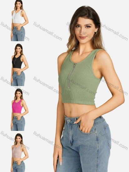 Wholesale Women's Casual Crew Neck Plain Quarter Zip Sleeveless Crop Top 7171#
