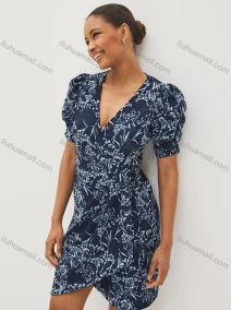 Wholesale Women's Elegant Sexy Floral Print Wrap Deep V Neck Short Sleeve Short Dress 9215#, LIUHUA CLOTHING WHOLESALE
