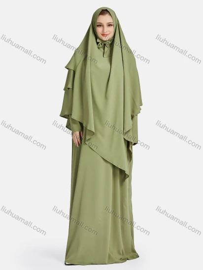 Wholesale Women's Vintage Islamic Chiffon Plain Muslim Long Sleeve Ruffle Trim Layered Floor Length Hooded Khimar Abaya Dress