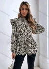 Wholesale Women's Casual Leopard Print Mock Neck Ruffle Trim Long Sleeve Ruffle Hem Blouse - Liuhuamall