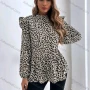 Wholesale Women's Casual Leopard Print Mock Neck Ruffle Trim Long Sleeve Ruffle Hem Blouse preview