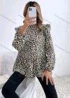 Wholesale Women's Casual Leopard Print Mock Neck Ruffle Trim Long Sleeve Ruffle Hem Blouse - Liuhuamall