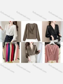 Wholesale Women's V Neck Long Sleeve Ruched Plain Blouse, LIUHUA CLOTHING WHOLESALE