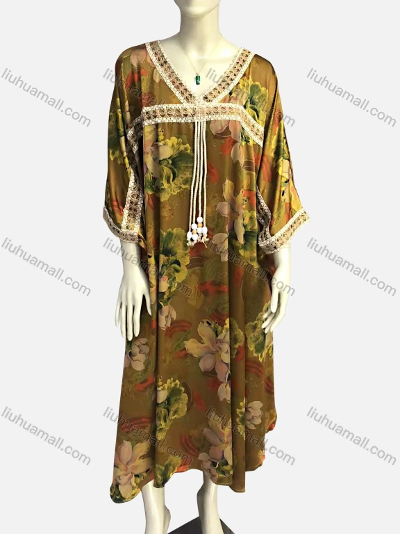 Wholesale Women's Vintage V Neck 3/4 Sleeve Floral Print Tassel Kaftan Dress