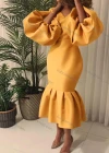 Wholesale Women's Plain V Neck Balloon Sleeve Ruffle Hem Bodycon Cocktail Midi Dress - Liuhuamall