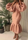 Wholesale Women's Plain V Neck Balloon Sleeve Ruffle Hem Bodycon Cocktail Midi Dress - Liuhuamall