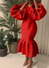 Wholesale Women's Plain V Neck Balloon Sleeve Ruffle Hem Bodycon Cocktail Midi Dress - Liuhuamall