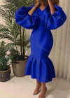 Wholesale Women's Plain V Neck Balloon Sleeve Ruffle Hem Bodycon Cocktail Midi Dress - Liuhuamall