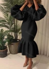 Wholesale Women's Plain V Neck Balloon Sleeve Ruffle Hem Bodycon Cocktail Midi Dress - Liuhuamall