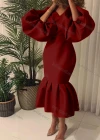 Wholesale Women's Plain V Neck Balloon Sleeve Ruffle Hem Bodycon Cocktail Midi Dress - Liuhuamall