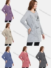 Wholesale Women's Casual Round Neck Rhinestone Letter Print Long Sleeve Rib Knit Tunic, LIUHUA CLOTHING WHOLESALE