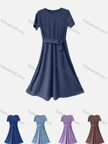Wholesale Women's Casual Plain Round Neck Tie Front Short Sleeve Ruffle Hem Midi Dress With Belt, LIUHUA CLOTHING WHOLESALE